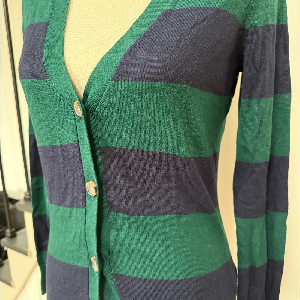 Green and Navy Striped Women's Cardigan Sweater - Picture 2 of 4